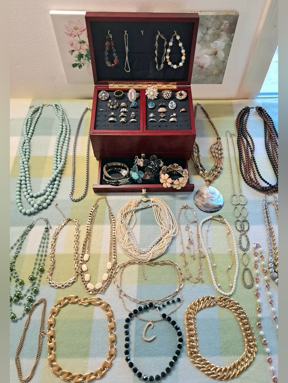 Vintage To Modern 60 Piece Costume Jewelry Lot Rings Necklaces Bracelets